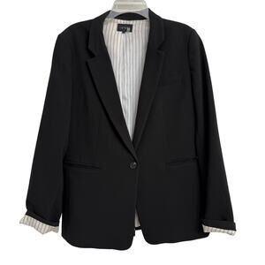 1.State Women Black Single Button Blazer Jacket Stripe Lined Career Office Sz 16